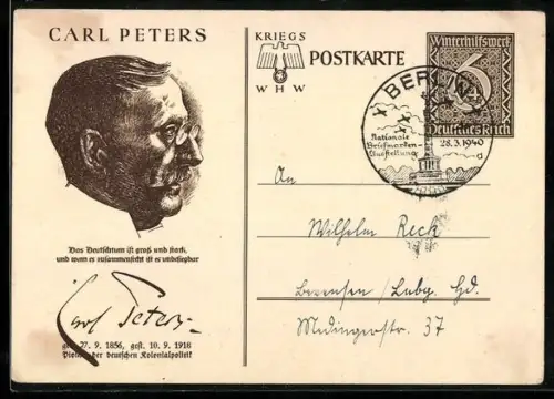 AK Carl Peters im Profil mit Signatur, , Ganzsache WHW Winterhilfswerk