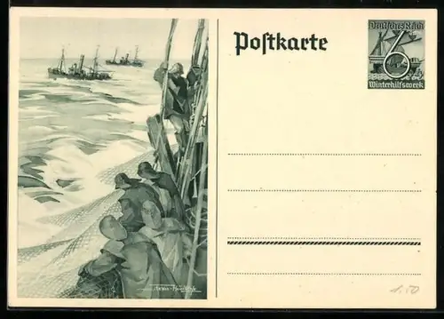 Künstler-AK Fischer auf hoher See mit Netzen, Ganzsache WHW Winterhilfswerk