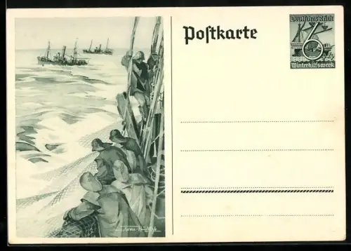Künstler-AK Fischerboot auf hoher See, Ganzsache WHW Winterhilfswerk