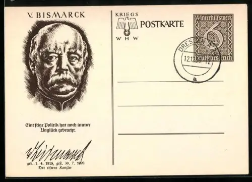 AK Porträt Otto von Bismarck, , Ganzsache WHW Winterhilfswerk