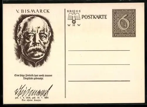 AK Otto von Bismarck im Porträt mit Signatur, , Ganzsache WHW Winterhilfswerk