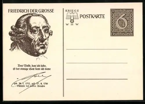 AK Friedrich der Grosse im Porträt mit Signatur, , Ganzsache WHW Winterhilfswerk