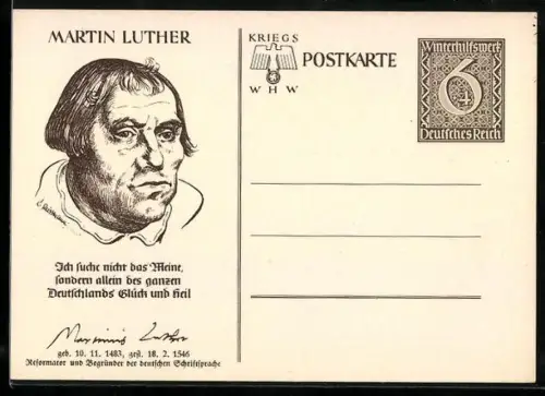 AK Martin Luther, Reformator und Begründer der deutschen Schriftsprache, , Ganzsache WHW Winterhilfswerk