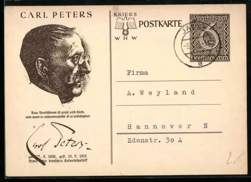 AK Carl Peters im Profil mit Signatur, , Ganzsache WHW Winterhilfswerk