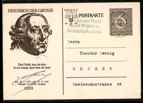 AK Porträt Friedrich der Grosse mit Zitat, , Ganzsache WHW Winterhilfswerk