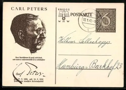 AK Politiker Carl Peters im Profil, , Ganzsache WHW Winterhilfswerk