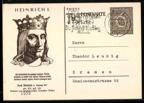AK Porträt von Heinrich I. mit Zitat, , Ganzsache WHW Winterhilfswerk