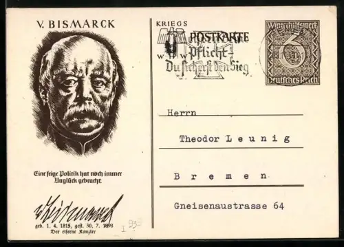 AK Otto von Bismarck mit Signatur und Zitat, , Ganzsache WHW Winterhilfswerk