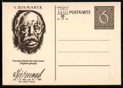 AK Porträt Otto von Bismarck mit Zitat, , Ganzsache WHW Winterhilfswerk