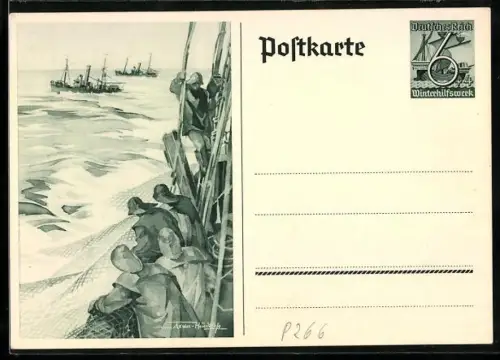 Künstler-AK Fischer auf hoher See, Ganzsache WHW Winterhilfswerk