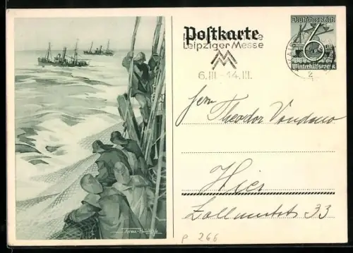 AK Fischerboot auf hoher See, Ganzsache WHW Winterhilfswerk