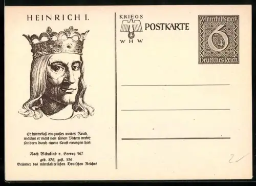 AK Porträt Heinrich I. im Porträt, , Ganzsache WHW Winterhilfswerk