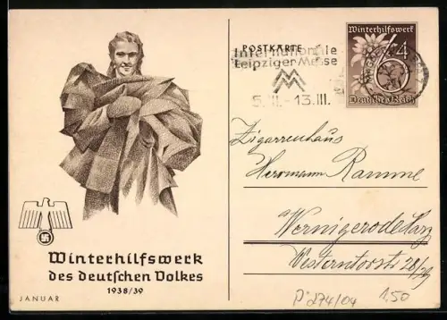 AK Frau trägt warme Kleidung in den Armen, , Ganzsache WHW Winterhilfswerk