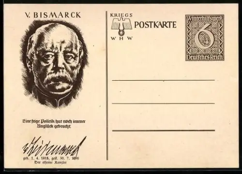 AK Kanzler Otto von Bismarck im Porträt, , Ganzsache WHW Winterhilfswerk
