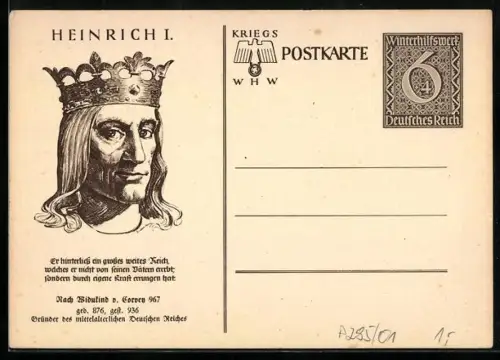 AK Porträt Heinrich I. mit Krone, , Ganzsache WHW Winterhilfswerk