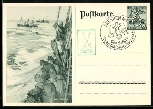 Künstler-AK Fischerboot auf hoher See, Ganzsache WHW Winterhilfswerk