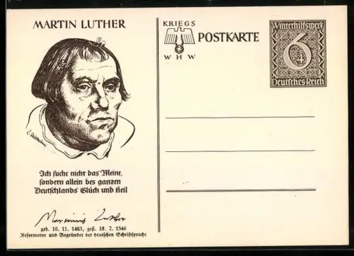 AK Porträt Reformator Martin Luther, , Ganzsache WHW Winterhilfswerk