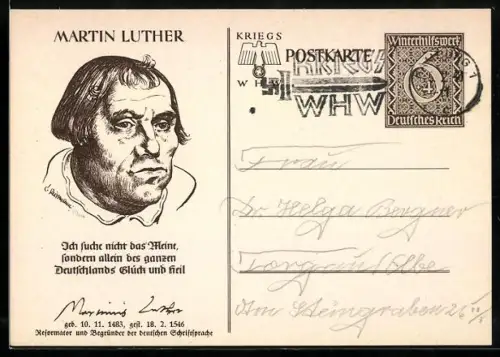 AK Porträt Martin Luther mit Zitat, , Ganzsache WHW Winterhilfswerk