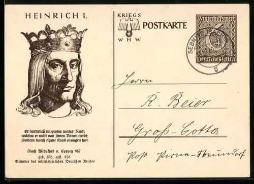 AK Porträt Heinrich I., geb. 876, gest. 936, , Ganzsache WHW Winterhilfswerk