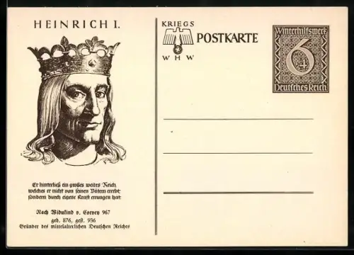 AK Heinrich I., Gründer des mittelalterlichen Deutschen Reiches, , Ganzsache WHW Winterhilfswerk
