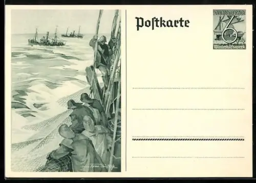 Künstler-AK Fischer auf hoher See, Ganzsache WHW Winterhilfswerk