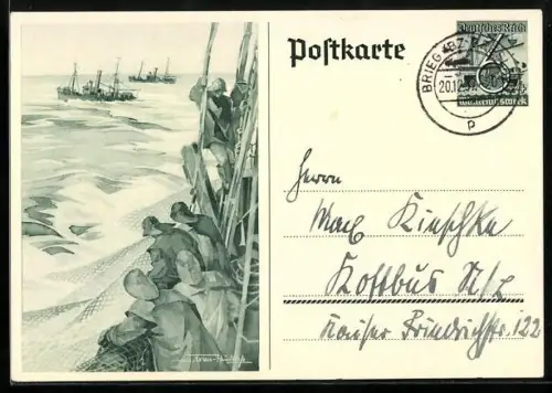 Künstler-AK Fischer auf hoher See, Ganzsache WHW Winterhilfswerk