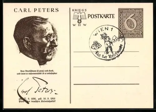 AK Politiker Carl Peters im Profil, , Ganzsache WHW Winterhilfswerk