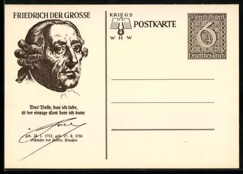 AK Porträt König Friedrich der Grosse, , Ganzsache WHW Winterhilfswerk