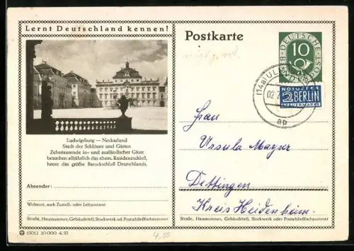 AK Ludwigsburg /Neckarland, Ehemaliges Residenzschloss, Ganzsache Lernt Deutschland kennen