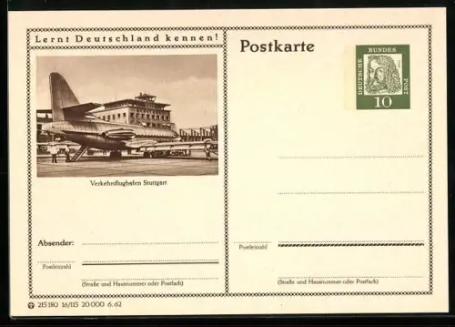 AK Stuttgart, Verkehrs-Flughafen, Ganzsache Lernt Deutschland kennen
