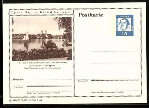 AK Bad Waldsee /Oberschwaben, Blick über den See, Ganzsache Lernt Deutschland kennen