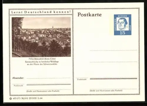 AK Birkenfeld /Calw, Blick auf den Ort, Ganzsache Lernt Deutschland kennen