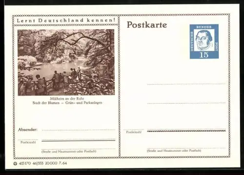 AK Mülheim an der Ruhr, Grün- und Parkanlage, Ganzsache Lernt Deutschland kennen