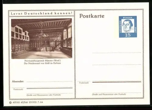 AK Münster, Der Friedenssaal von 1648 im Rathaus, Ganzsache Lernt Deutschland kennen