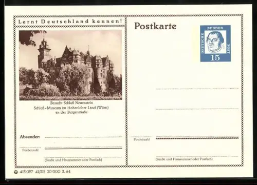 AK Neuenstein, Schloss Neuenstein mit Schloss-Museum, Ganzsache Lernt Deutschland kennen