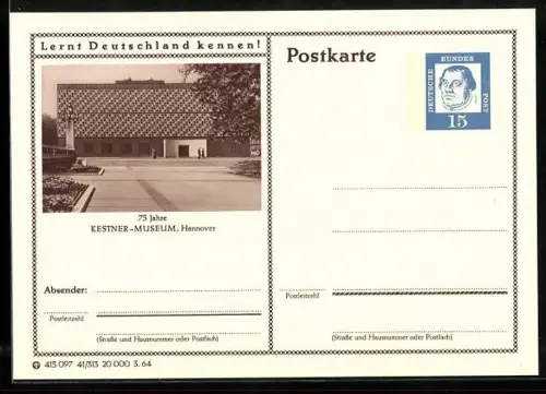 AK Hannover, 75 Jahre Kestner Museum, Ganzsache Lernt Deutschland kennen