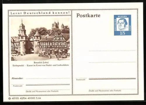 AK Braunfels /Lahn, Fachwerkhaus im Ort, Ganzsache Lernt Deutschland kennen