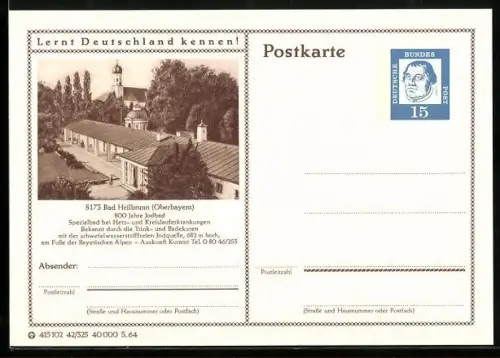 AK Bad Heilbrunn, Kureinrichtungen im Jodbad, Ganzsache Lernt Deutschland kennen