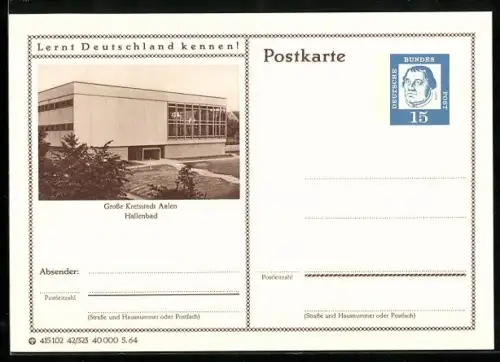 AK Aalen, Blick zum Hallenbad, Ganzsache Lernt Deutschland kennen