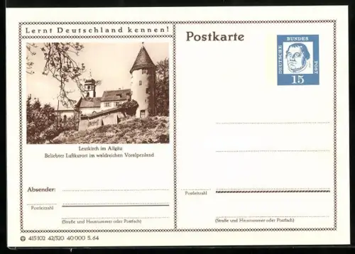 AK Leutkirch im Allgäu, Partie im Ort, Ganzsache Lernt Deutschland kennen