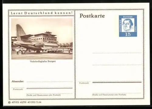 AK Stuttgart, Verkehrs-Flughafen, Ganzsache Lernt Deutschland kennen