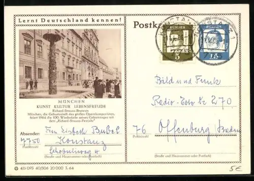 AK München, Richard Strauss Brunnen, Ganzsache Lernt Deutschland kennen