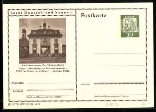 AK Heusenstamm /Offenbach, Torrbau, Barackkirche v. Balthasar Neumann, Ganzsache Lernt Deutschland kennen