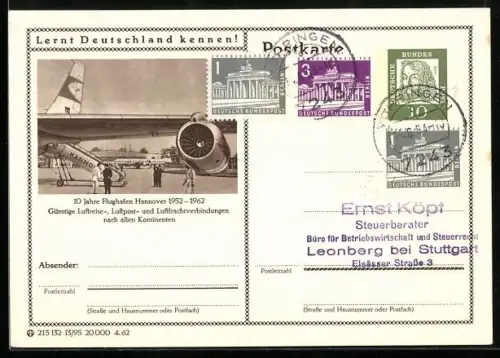 AK Hannover, 10 Jahre Flughafen 1962, Ganzsache Lernt Deutschland kennen