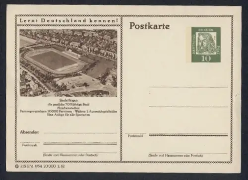 AK Sindelfingen, Floschenstadion aus der Vogelschau, Ganzsache Lernt Deutschland kennen