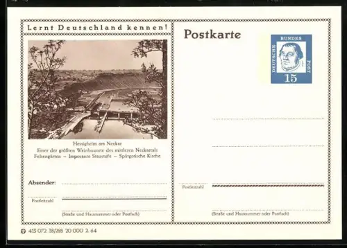 AK Hessigheim am Neckar, Ortsansicht aus der Vogelschau, Ganzsache Lernt Deutschland kennen