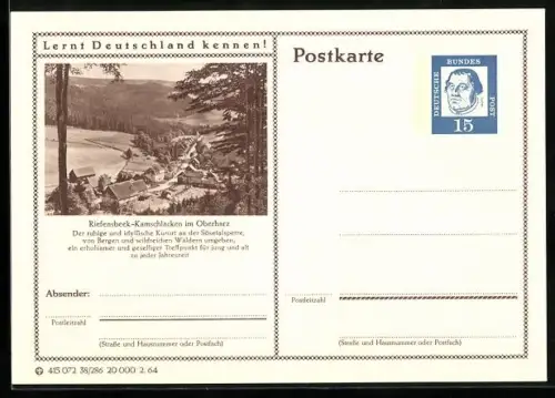 AK Riefensbeek-Kamschlacken im Oberharz, Ortsansicht aus der Vogelschau, Ganzsache Lernt Deutschland kennen