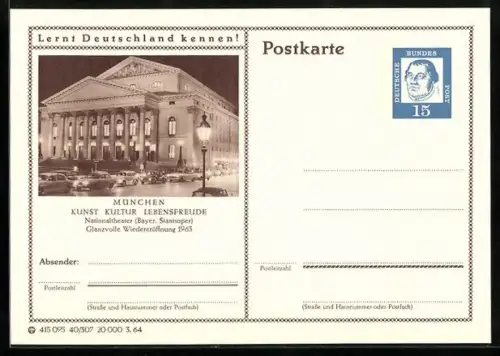 AK München, Nationaltheater, Ganzsache Lernt Deutschland kennen