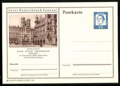 AK München, Marienplatz mit Mariensäule, Ganzsache Lernt Deutschland kennen