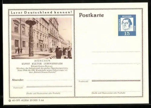 AK München, Richard-Strauss-Brunnen, Ganzsache Lernt Deutschland kennen